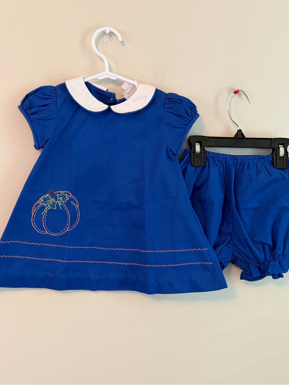 The Proper Peony Bright Blue Pumpkin Embroidered Kids Dress with Bloomers